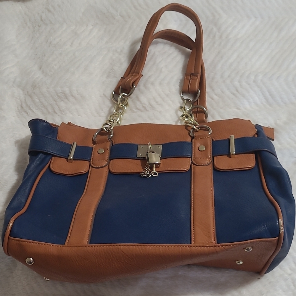 Stylish Blue and Tan Women's Handbag